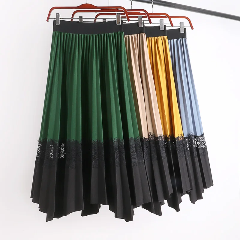Осень Зима корейский стиль, лоскутные кружевные плиссированные юбки для женщин Vitage тонкая необычная юбка с высокой талией Элегантные универсальные вечерние юбки 951