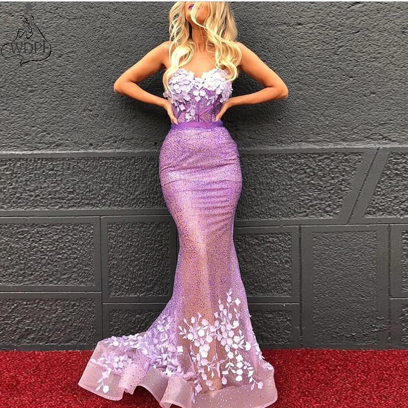 Sparkly Long Mermaid Evening Dress Sweetheart Sleeveless Purple Appliques Glitter Sequined Tulle Prom Dresses robe de soiree