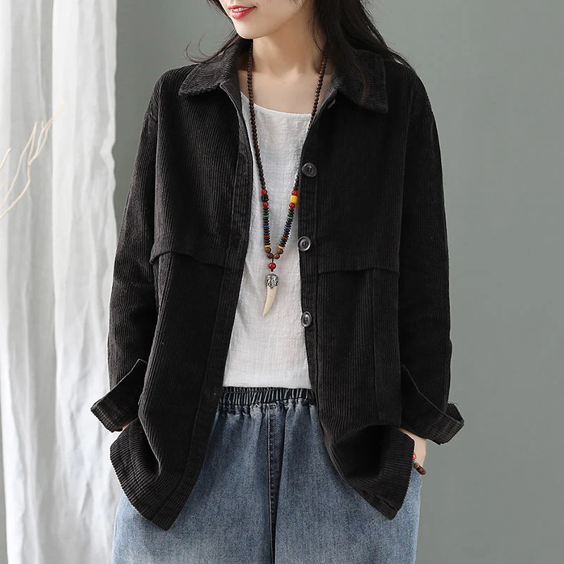 amazing  New 2019 Autumn Korea Fashion Women Long Sleeve Corduroy Coats Loose Casual Turn-down Collar Retro 