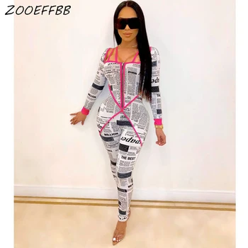 

ZKYZWX Sexy Newspaper Letter Print Rompers Womens Jumpsuit 2020 Rave Clothes One Piece Club Body Long Sleeve Bodycon Jumpsuit
