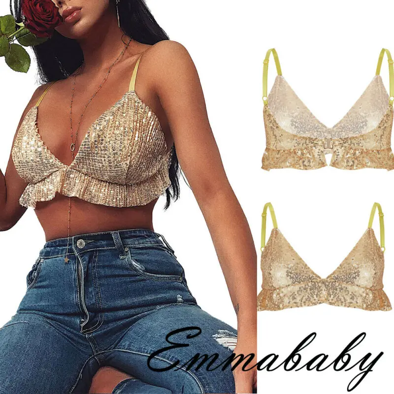 Женские сексуальные короткие топы с v-образным вырезом расшитые блестками