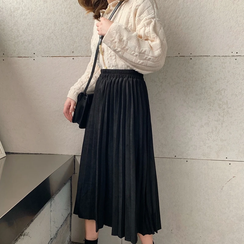 Harajuku плиссированная юбка миди Женская Осенняя Милая однотонная эластичная повседневная юбка до середины икры с высокой талией винтажная шикарная женская повседневная юбка