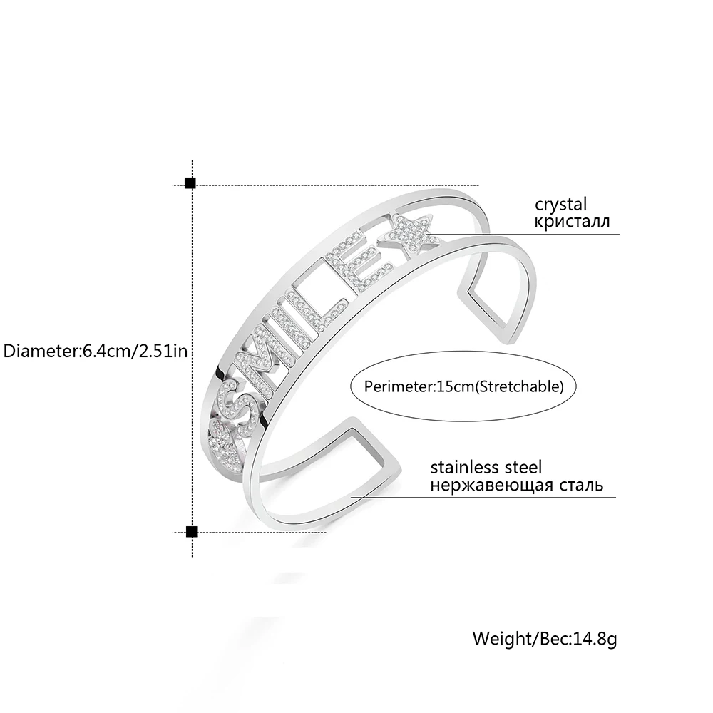 Браслет-манжета из нержавеющей стали розового золота с надписью «Улыбка», браслет для женщин, прозрачный цветной Кристальный браслет, новинка, подарок для любви