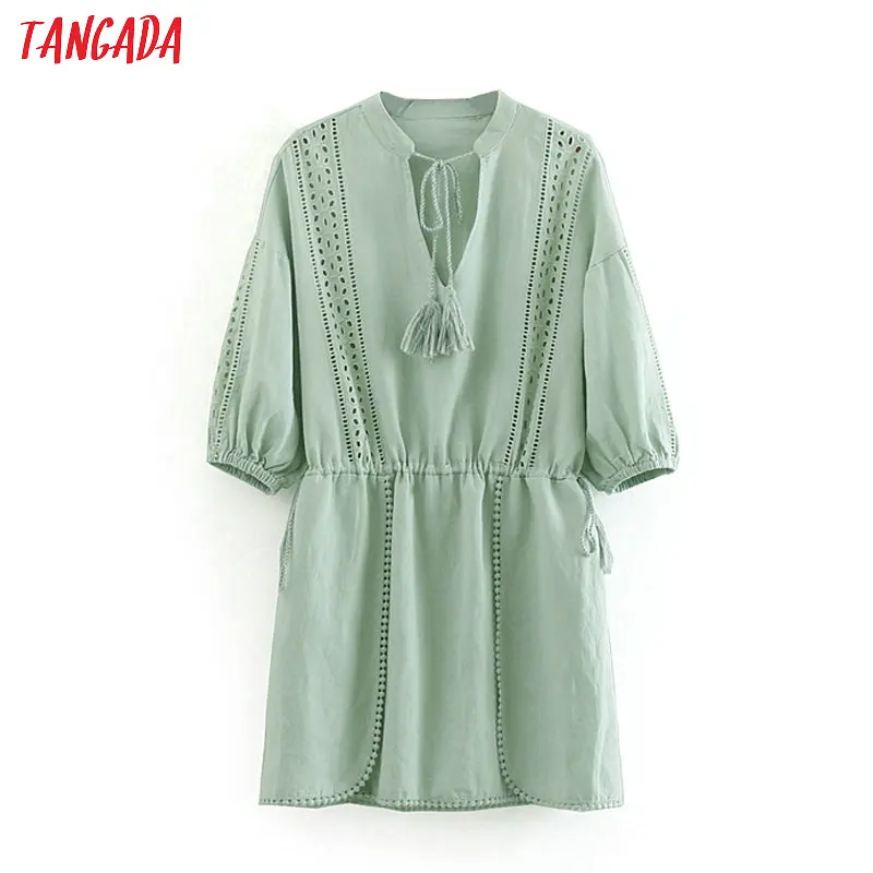 

Tangada women green cotton linen dresses three-quarter sleeve bow tie neck fashion slash mini dress vestidos feminina CE401