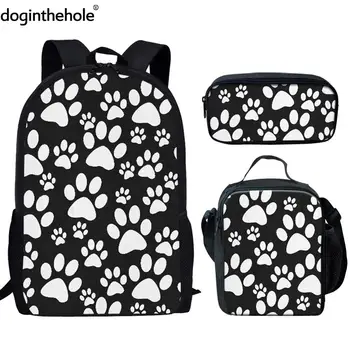 

Doginthehole Animal Pattern Boys Knapsack Fashion Graffiti 3PCS Set Girls Student Satchel Kids Casual Cute White Paw School Bags