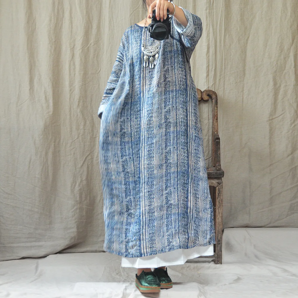 

1808 yan xi/Spring And Autumn Origional Pure Linen Digital Printing Dress Literature And Art Retro Frog Slimming Robe