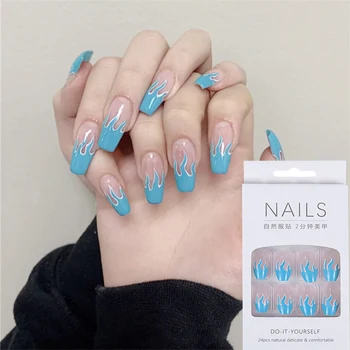 

European Square Flame Fake Nails Design Blue Purple Fire Pattern Full Cover False Nails Artificial Nail Decal Art Tips with Glue