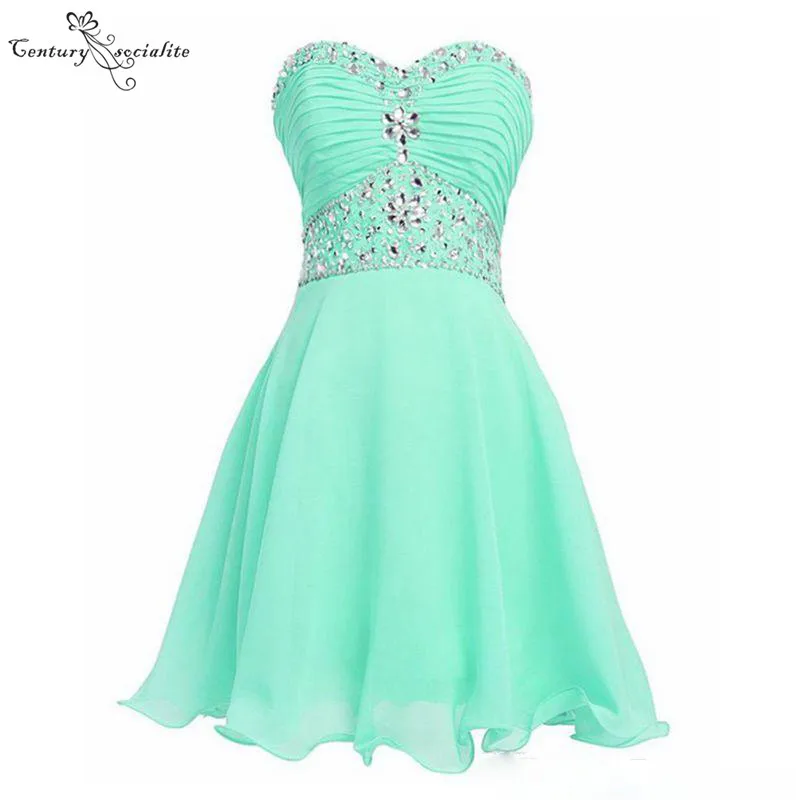 

Mint Green Short Bridesmaid Dresses Knee Length Sweetheart Crystal Pleats Chiffon Simple Maid Of Honor Dress Wedding Guest Gowns