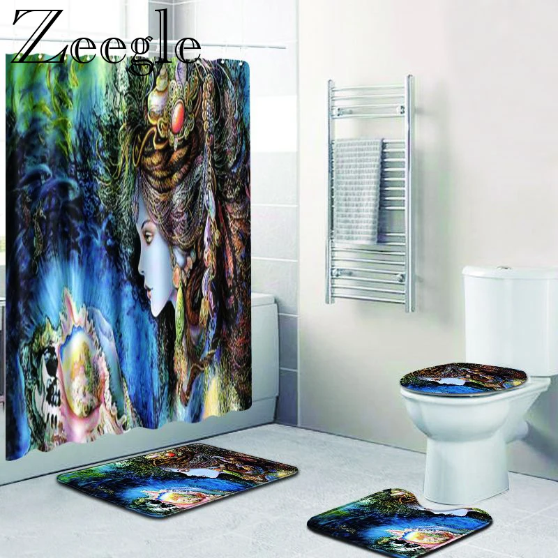 Zeegle 4pcs Bath Curtain Bathroom Carpet Set Anti-slip Shower Carpet Bathroom Rug Absorbent Toilet Mat Washable Bathroom Rug Set