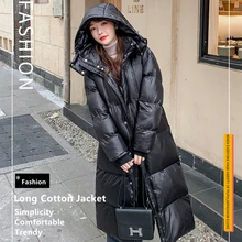 

2021 Fashion Women's Winter Parka Black Glossy Thicken Winter Hooded Loose Long Jacket Female Windproof Rainproof Warm Outwear