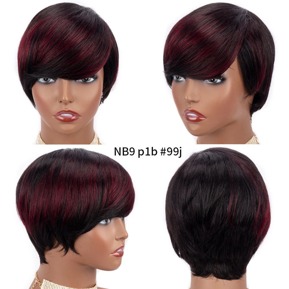 Peruca de Cabelo Humano em Linha Perucas com Franja Humano para Preto Pixie Corte Reta Curto Mel Loira Ombre Cor Cheia Máquina Bob 8 Perucas à máq.