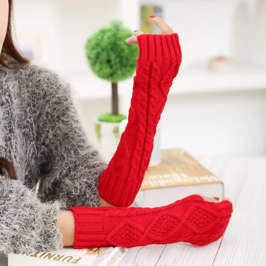 Lady knitted diamond shaped sleeve with half finger length 30cm warm fingerless gloves
