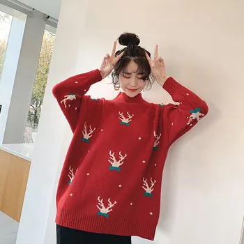 

Christmas Women's Turtleneck Knit Pullover Ladies Fashion Christmas Reindeer Cartoon Pattern Sweater Girl Loose Casual Sweaters