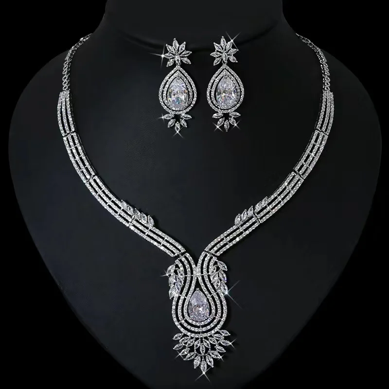 

EYER Women Trendy High Quality AAA Cubic Zirconia Flower Necklace Earring Jewelry Set for Women Bridal Wedding Dress Accessories