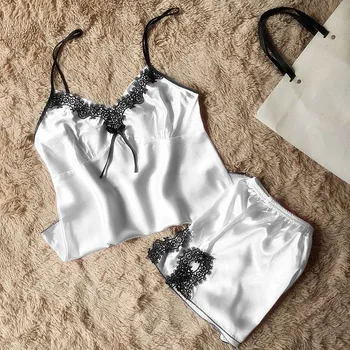 

Women Sleepwear Sleeveless Strap Nightwear Lace Trim Satin Cami Top Pajama Sets пижама женская womens nightsuits#ew
