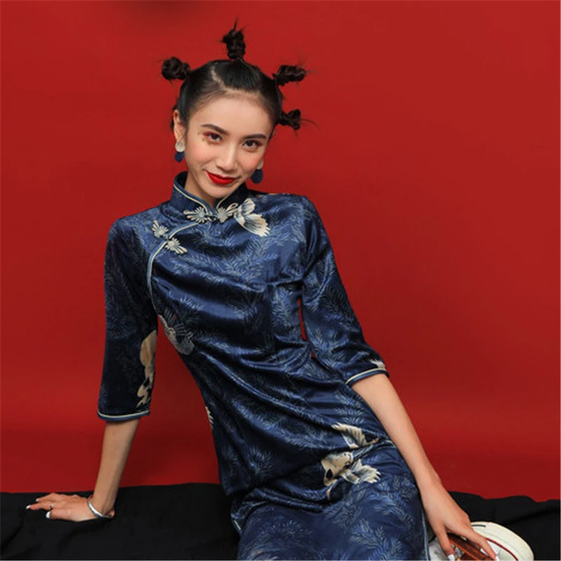 Женское платье Чонсам голубое винтажное замшевое Qipao сексуальное длинное платье весна осень повседневное женское свадебное платье тонкое уличная одежда