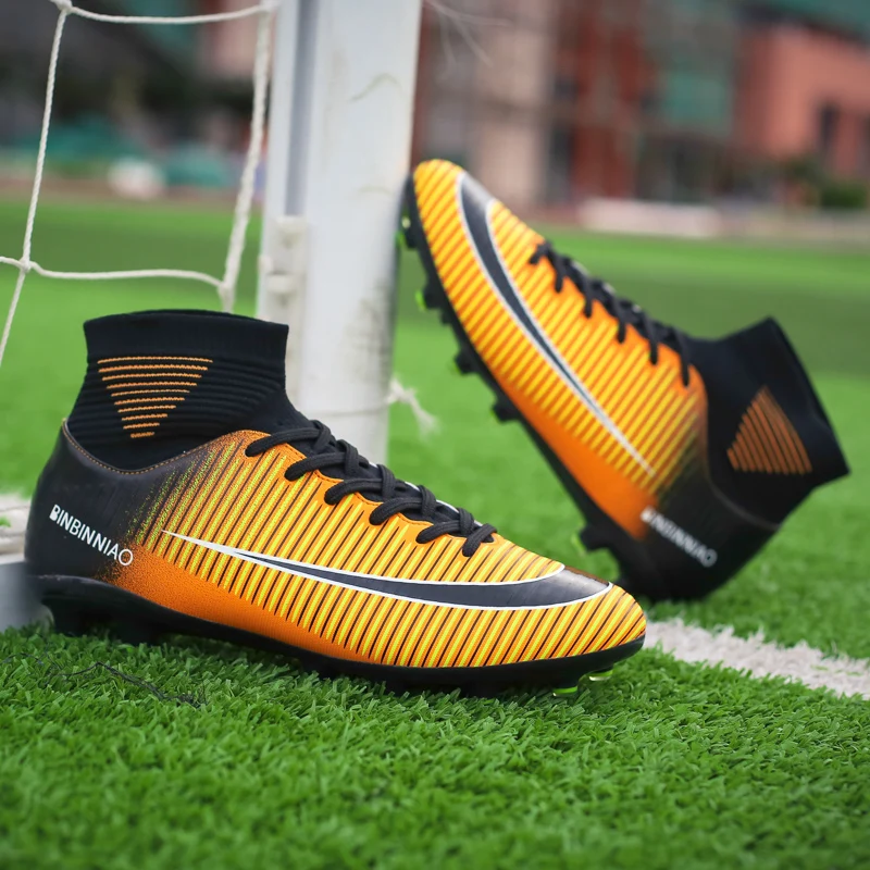 

Men Football Boots Soccer Cleats Boots Long Spikes TF Spikes Ankle High Top Sneakers Soft Indoor Turf Futsal Child soccer Shoes