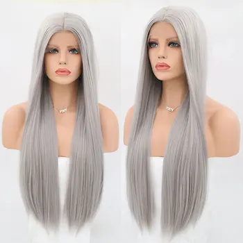 

Synthetic 13*3 Lace Front Wig Silver Grey Long Straight Heat Resistant Fiber Hair Natural Hairline Middle Parting For Women Wigs
