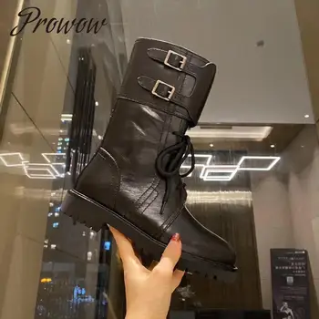 

Prowow New Genuine Leather Italian Style Mid Calf Boots Round Toe Thick Heel Low heel Cool Boots Shoes Women