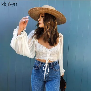 

KLALIEN romantic prairie chic elegantie square collar crop tops woman 2020 fashion lace-up white high street bar club tee shirt