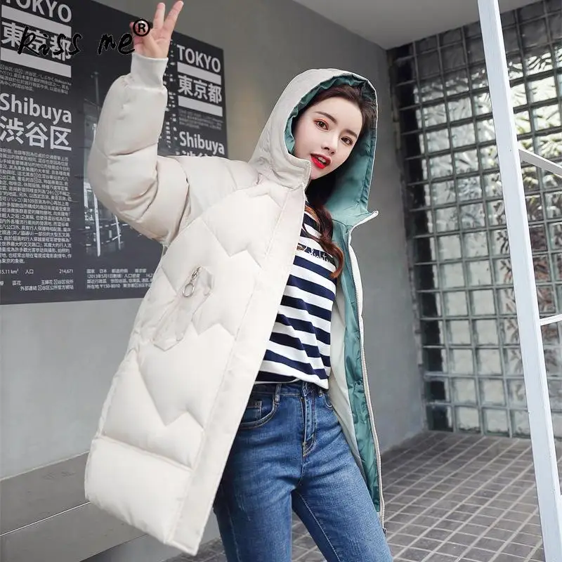 Loose Casual Winter Hooded Outdoor Down Coat Women Solid Cotton Clothing Thermal Warm Coat Windproof Mid-Long Jacket Female - Цвет: off white