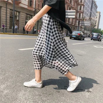 

Korean Summer Women Skirt Plaid Print Long Streetwear Pink Black Chiffon Long Beach A-line Party High Waist Boho Skirts Skater