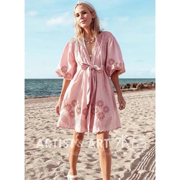 

High Quality Elegant Pink Hollow Out Floral Embroidery Woman Dress 2020 Autumn Runway Designer Mini Linen Dress Female