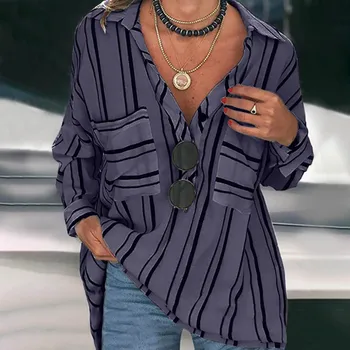 

Fashion Women's Long Sleeve Loose V-neck Blouse Lapel Casual Tops Striped Button-Up Shirt Autumn Plus Size Office Work OL Blouse