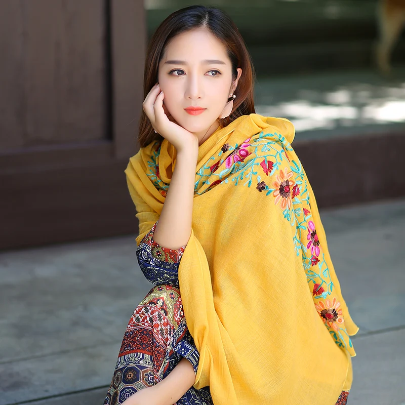 Embroidery Women Scarf Vintage Summer Beach Sunscreen Pashmina Cotton