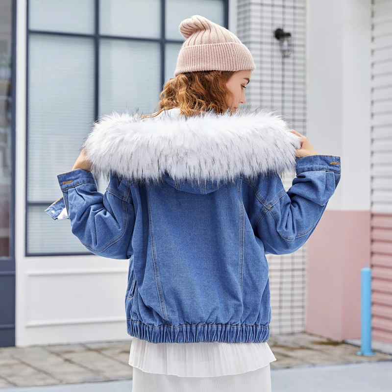 Najtaniej Moda europa Style czarna kurtka dżinsowa kobiet zima zagęścić aksamitna odzież wierzchnia futro kołnierz dżinsy Bomber Femme szary różowy biały płaszcz