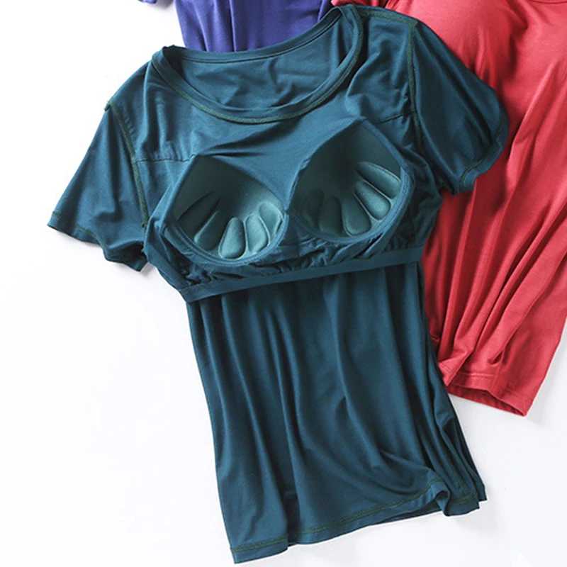 Women T Shirts With Chest Pad Stretchable Push Up Tops Tee Short Sleeve Sexy Casual Korean
