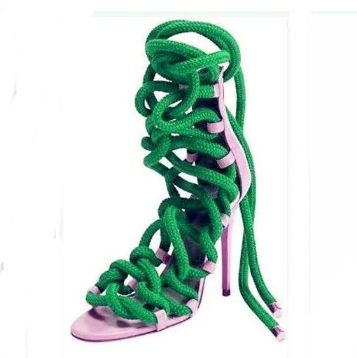 

Mixed Colors Rope Straps Sandals Lace-up Cut-out High Heel Strappy Sandal Patchwork Dress Shoes Green White Blue