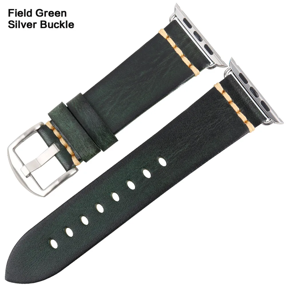 Кожаный ремешок для часов ручной работы ремешок для Apple Watch ремешок 44 мм 40 мм 42 м 38 мм серия 5 4 3 2 iWatch ремешок для часов - Цвет ремешка: FieldGreen Silver