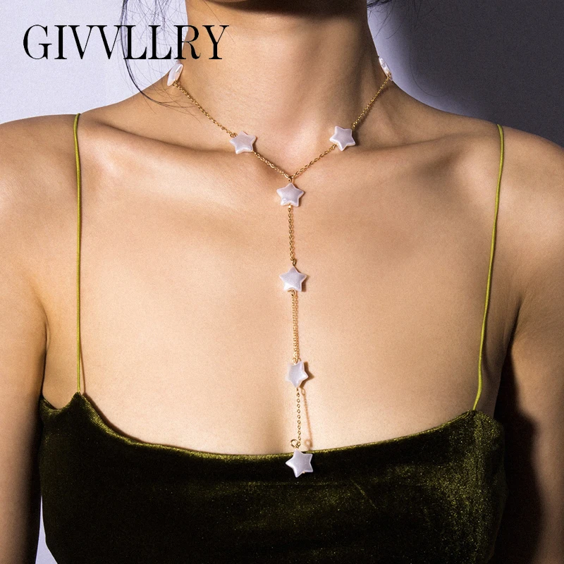 

GIVVLLRY Pentacle Pearl Pendant Necklace for Women Bohemian Imitation Pearl Long Chain Necklace Fashion Jewelry