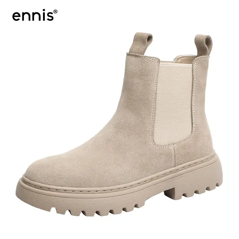 ENNIS Women's Suede Boots Genuine Leather Shoes Platform Ankle Boots Fashion Chelsea Boots Slip