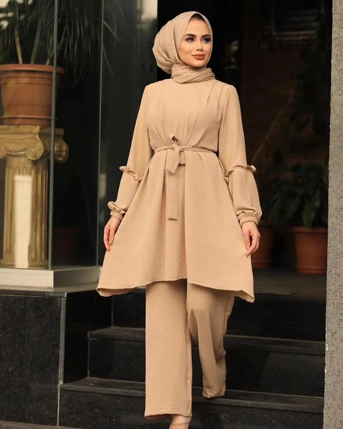 2 Pieces Dubai Muslim sets islamic ribbon tops + pant suits female kaftan Turkish Hijab Muslim islamic dress ramadan ropa F1790