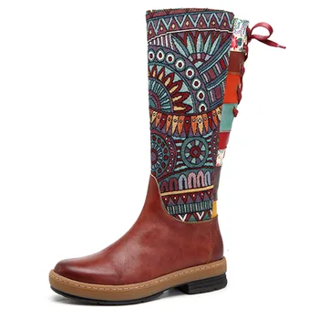 

2019 Women Boots Genuine Leather Handmade Boho Warm Shoes Platform Knee High Boots T-Tied Rubber Knee High Boots Vintage