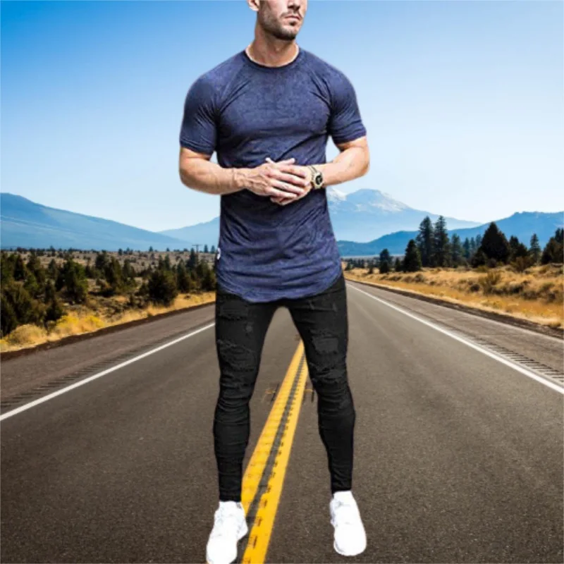 Men Jeans Elastic Waist Skinny Stretch Ripped Denim Pants Joggers Trousers
