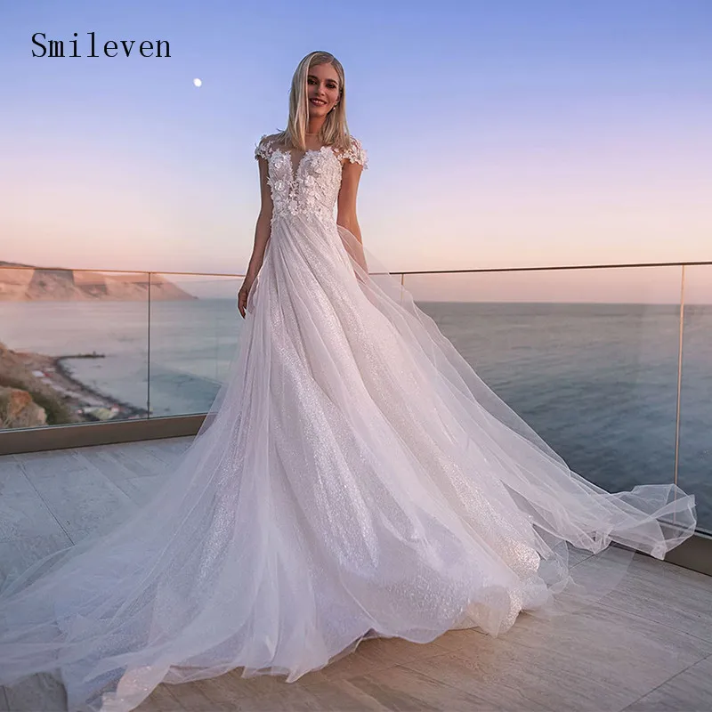 

Пляжное свадебное платье Smileven, ТРАПЕЦИЕВИДНОЕ блестящее Тюлевое платье с рукавами-крылышками и цветочной аппликацией, свадебное платье в стиле бохо, 2021
