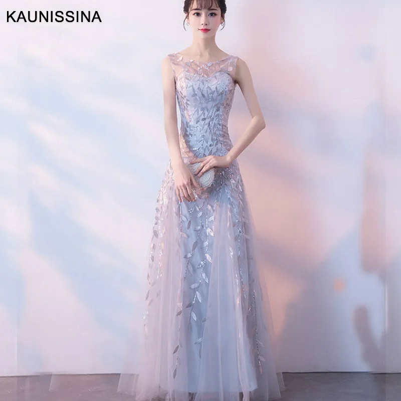

KAUNISSINA Formal Evening Dress V-Neck Sleeveless Sequins Patchwork Floor Length Party Gown Elegant Embroidery Evening Proms