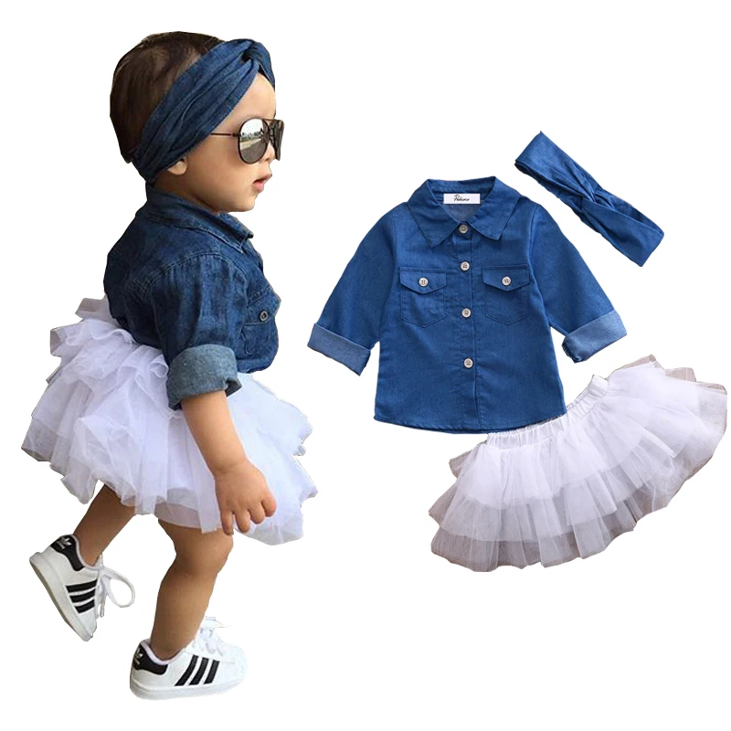 

Baby Girl Summer Clothing Sets Baby Girls Clothes Denim Shirt Top +Tutu Skirts+Headband 3pcs Outfits Sets 0-5T Baby Clothing