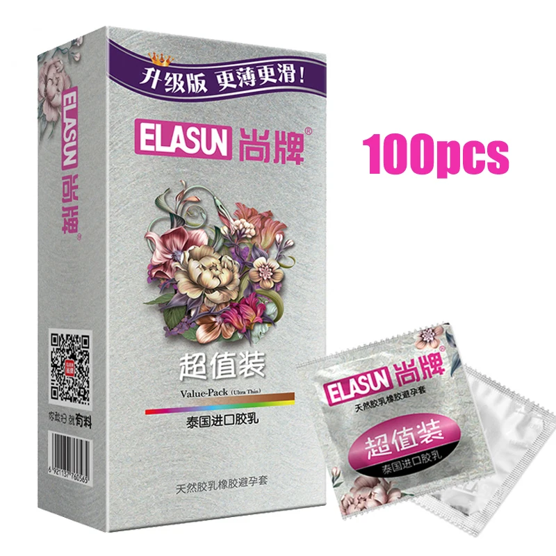 ELASUN 100PCS Ultra Thin Large Oil Super Soft Condom Colorless Tasteless Transparent Natural Latex Rubber Condoms for Men
