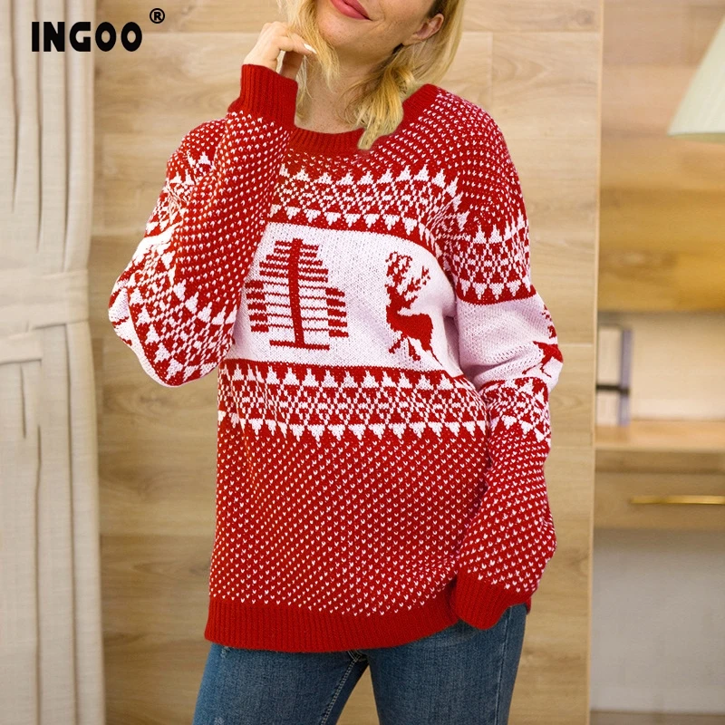 

INGOO 3 Colors Winter Chrismas Sweater Women Autumn Knitted Elk Print Warm Female Sweaters Loose Pullover Womens Jumpers Tops