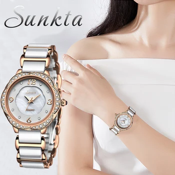 

SUNKTA 2020 New Ladies Watch Top Brand Ceramic Strap Waterproof hand Rhinestone Watches Woman Quartz Watch Ladies Watch Girl