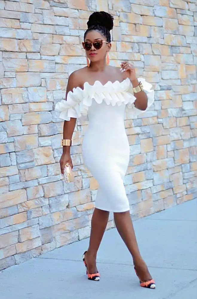NATTENAID Off Shoulder Ruffles Bodycon Party Dress Office Lady Sexy Slim Party Dresses Fashion Women White Dresses Vestidos