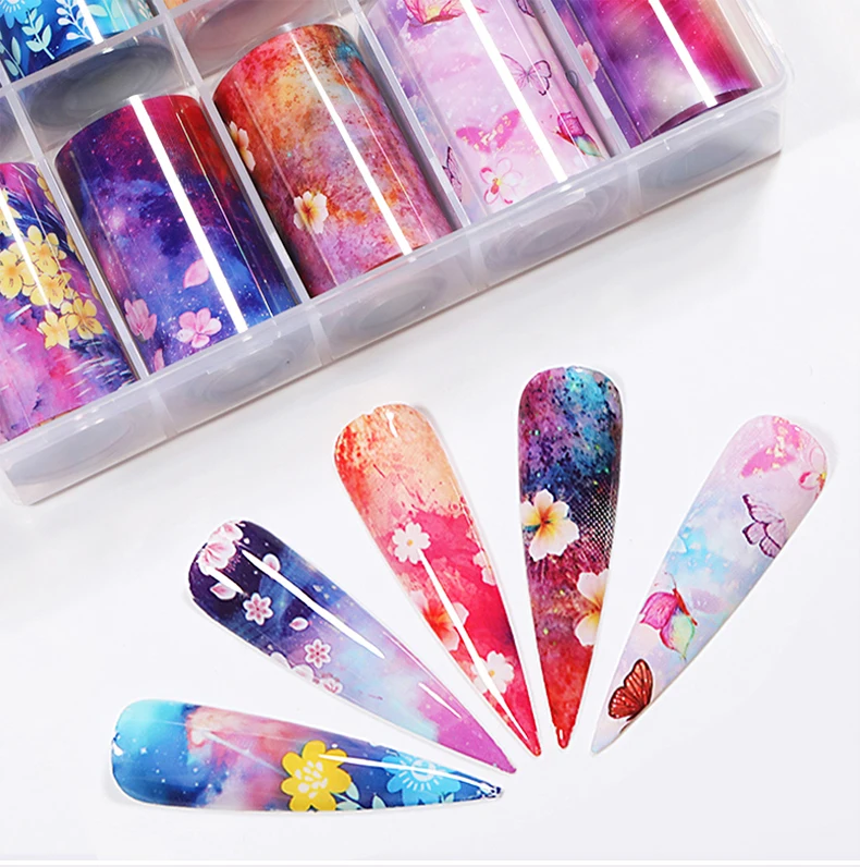 10 рулонов наклейки из фольги для ногтей цветы бабочки переводные наклейки бумажные украшения для ногтей DIY Дизайн ногтей