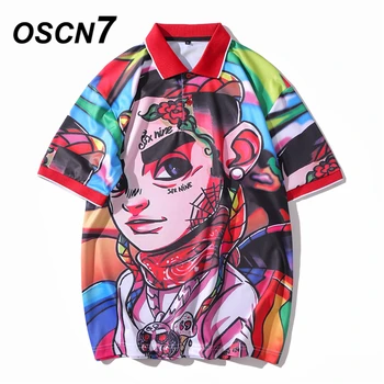 

OSCN7 Print Short Sleeve Men's Casual Polo Shirt Women 2020 Summer Japanese Streetwear Trend Hip Hop Top Tee Men PL03