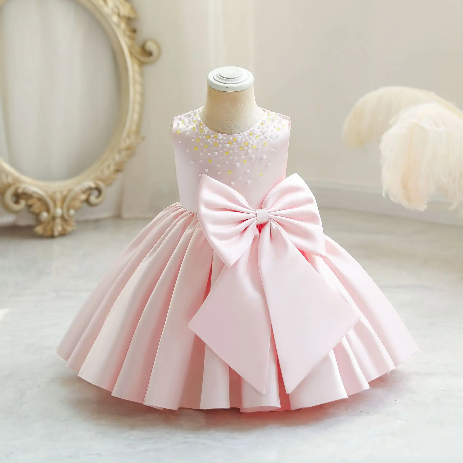 Korean Baby Girls Pink Pearl Beading Dress Children Bridesmaid Dresses With Big Satin Bows