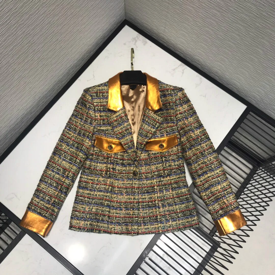 

2019 New Hot Sale Classic Elegant Gold Plaid Weaving Women Suit Coat Colorblock Pockets Three Sizes Ancient Egyptain Style