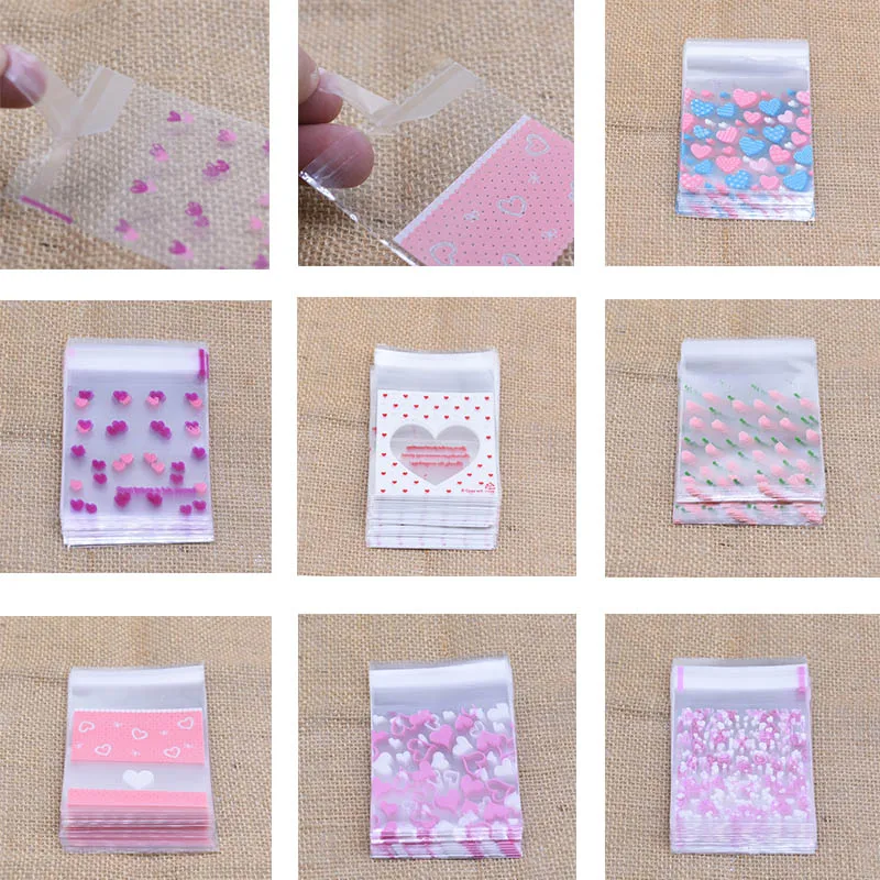 50pcs 7/10cm Gift Bags Cute Heart Cartoon Cookies Candy Packaging Self-Adhesive Plastic Bag For Wedding Birthday Party Supplies